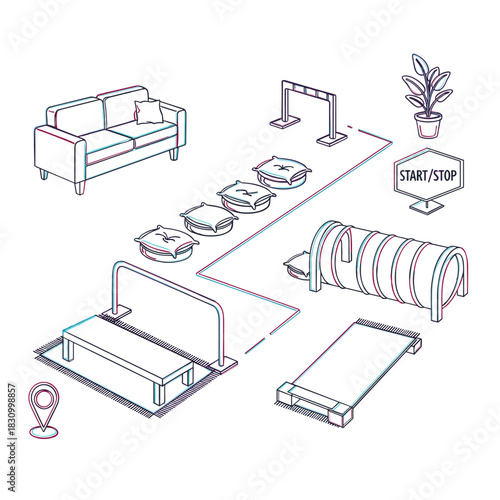 Home workout setup as an obstacle course in living room for fitness motivation  