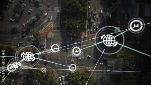 Network overlay originating left, expanding and linking icons over intersection to display traffic