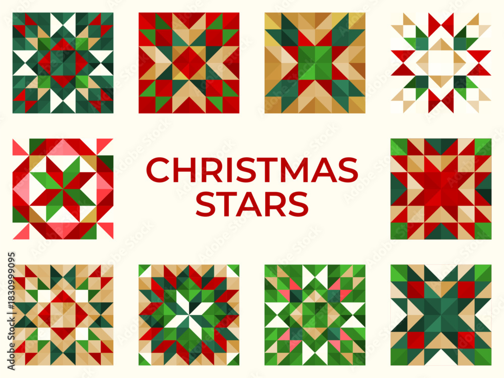 Obraz premium Festive Christmas ornaments, decoration patterns with geometric star motifs in red, green, beige, and white. Perfect for Christmas wrapping, cards, textiles, and seasonal design projects.