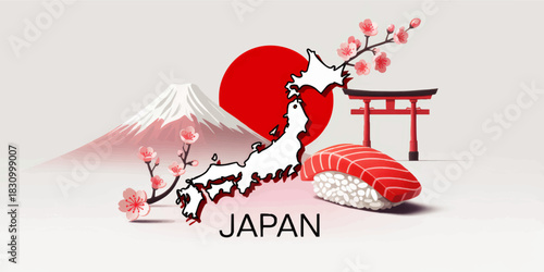 Japan travel illustration with Mount Fuji, sushi, cherry blossoms, torii gate and red sun icon in modern minimalist style