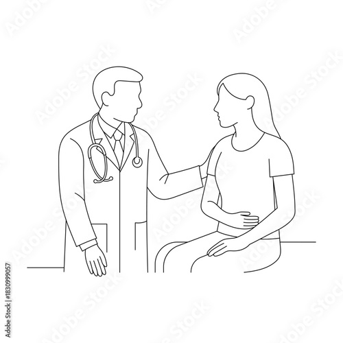 Doctor consulting female patient with abdominal pain, medical line art illustration