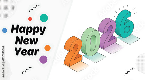 Happy new year 2026 celebration with colorful 3d numbers on a festive, creating a cheerful and modern design for greeting cards, banners, and social media posts, isolated on