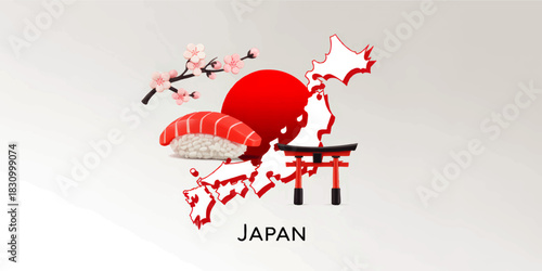 Japan travel illustration with sushi, cherry blossoms, torii gate and red sun on modern minimal map design background
