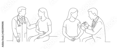 Doctor Consulting Patient and Administering Vaccination – Line Art Medical Illustration