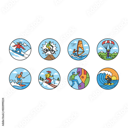 Collection of eight circular icons depicting various extreme sports and outdoor activities.
