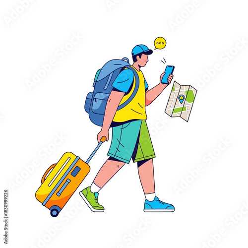 Lost traveller with a suitcase uses his phone for directions in a new location