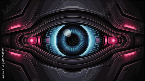 Futuristic cybernetic eye interface with glowing blue iris and neon pink lights, sci fi artificial intelligence surveillance concept