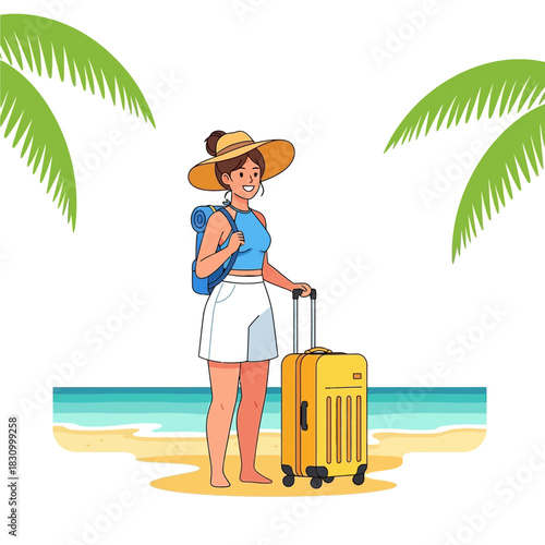 Cheerful traveler on a tropical beach with suitcase enjoying summer vacation anticipation and