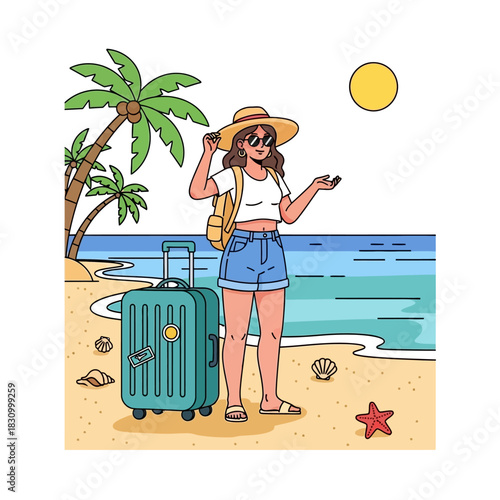 Cartoon girl enjoying a tropical vacation near the beach with luggage under the bright sun