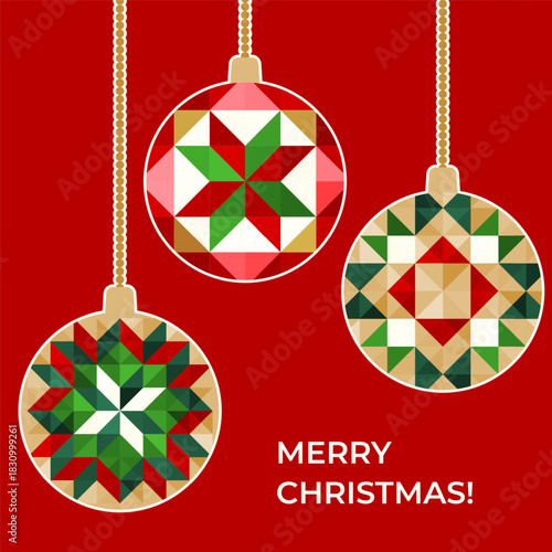 Three Christmas ornaments with geometric quilt patterns in festive colors hang on gold chains, text Merry Christmas. Cozy, traditional, and perfect for seasonal greeting card design themes.