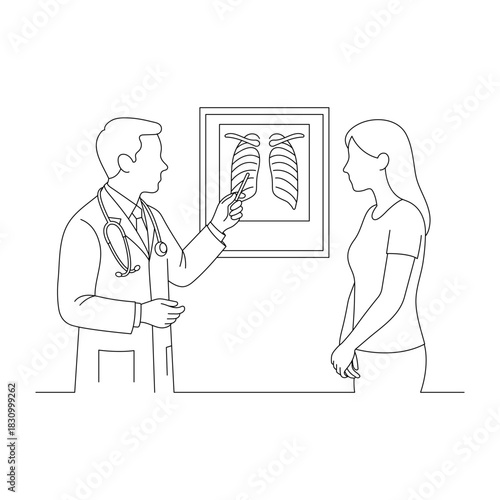 Doctor explaining chest X-ray results to patient, medical consultation line art illustration