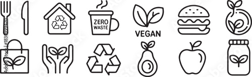 Eco-friendly initiatives icons set – clean funding, zero waste, sustainability and low-carbon vector