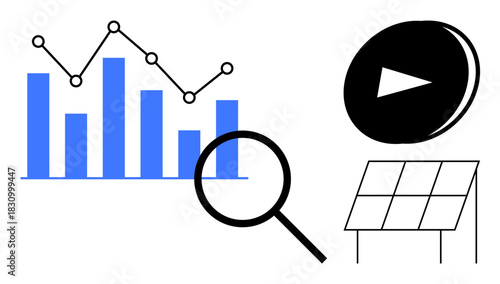 Bar chart and line chart with magnifying glass, solar panel, and play button. Ideal for energy, sustainability, analytics, technology, media education and innovation themes. Simple flat metaphor