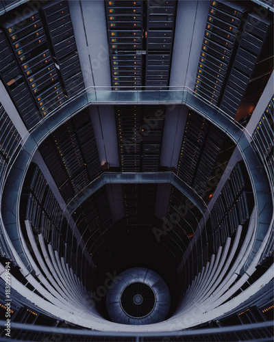 Futuristic circular data center server racks with tunnel perspective, blue cyber security technology background, digital network infrastructure