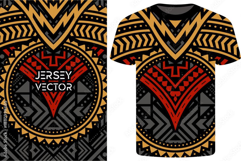 Fototapeta premium Tribal Ethnic T-Shirt Design with Geometric Pattern, Jersey vector, Jersey template, Minimal t shirt dress, trendy Jersey pattern, Intricate Polynesian Tribal Art Motifs for Apparel and Textile Design