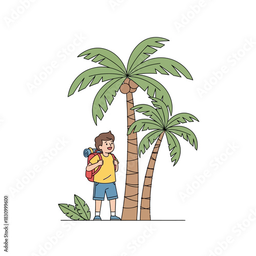 Illustration of a young traveler enjoying the peaceful tropical scenery and palm tree shadow