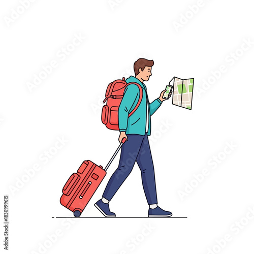 Illustrative depiction of a young male tourist navigating with map and luggage on the go