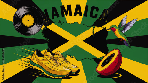 Jamaica culture illustration with flag colors, reggae record, running shoes, hummingbird and tropical fruit travel background