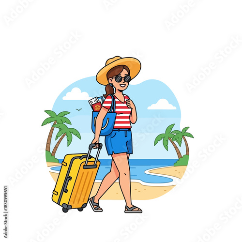 Cartoon woman enjoying a summer vacation with suitcase at the beach with tropical background