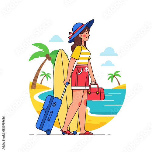 Whimsical vacation getaway illustration featuring a stylish woman heading to the beach with