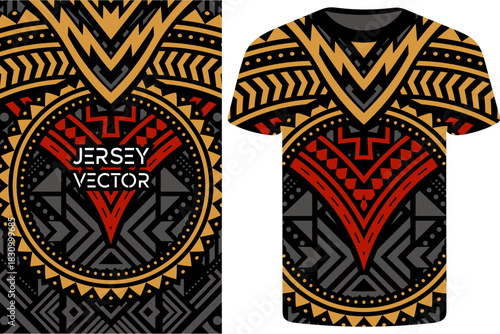 Tribal Ethnic T-Shirt Design with Geometric Pattern, Jersey vector, Jersey template, Minimal t shirt dress, trendy Jersey pattern, Intricate Polynesian Tribal Art Motifs for Apparel and Textile Design
