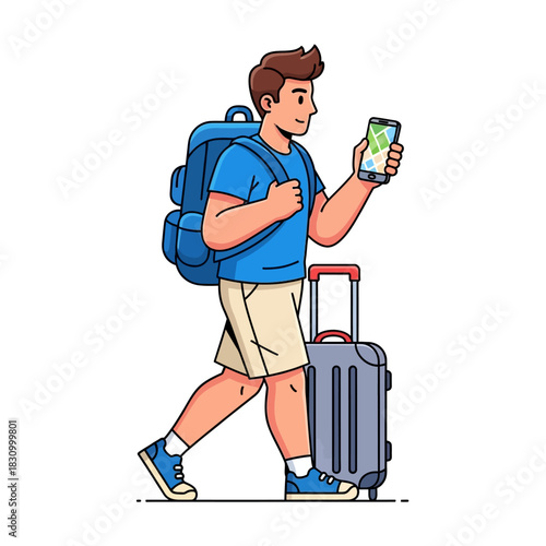 Cartoon traveler explores new destinations, using modern technology for guidance and adventure