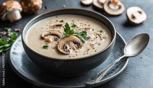 Creamy Mushroom Soup Served in a Bowl With Fresh Herbs