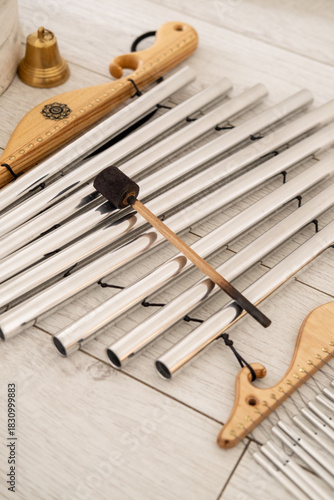 Chime sound. Healing meditation. Musical tool for therapy wellness retreat bell instrument for relaxing yoga calming healthy treatment.