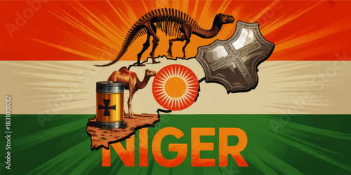 Niger culture and history illustration with flag colors, desert camel, dinosaur fossil, uranium barrel, Tuareg shield and sunburst emblem