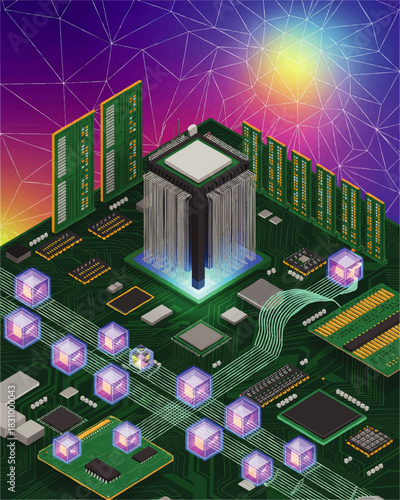 Futuristic quantum processor on motherboard with glowing data blocks and neural network lines, abstract AI computing illustration