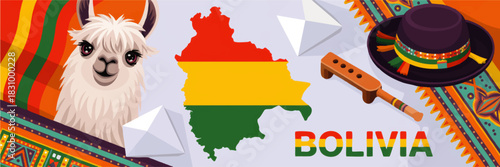 Bolivia culture illustration with cute llama, map in national flag colors, traditional textiles, hat and flute, South America travel concept