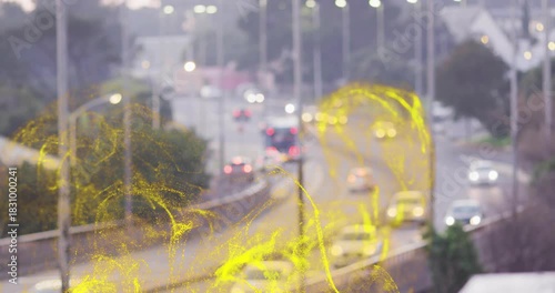 Curved roadway cars,bus moving, frame3 spawning yellow swirls rising, obscuring lanes, showing flow