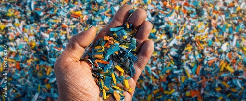 The Hand Holding Colorful Recycled Plastic Flakes Above a Multicolored Shredded Pile