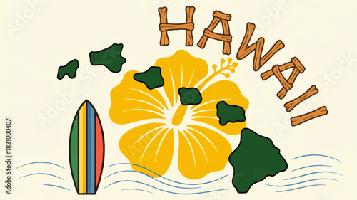 Retro Hawaii illustration with yellow hibiscus flower, surfboard, island map and ocean waves tropical travel vacation design