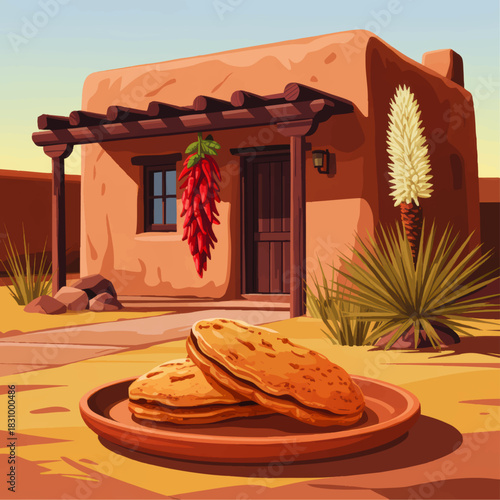 Rustic adobe house with red chili ristras and traditional flatbread in sunny desert landscape illustration