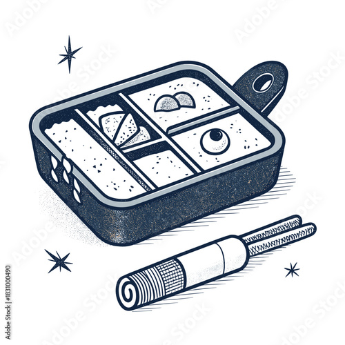 Healthy meal lunchbox with compartments and chopsticks on a textured background  