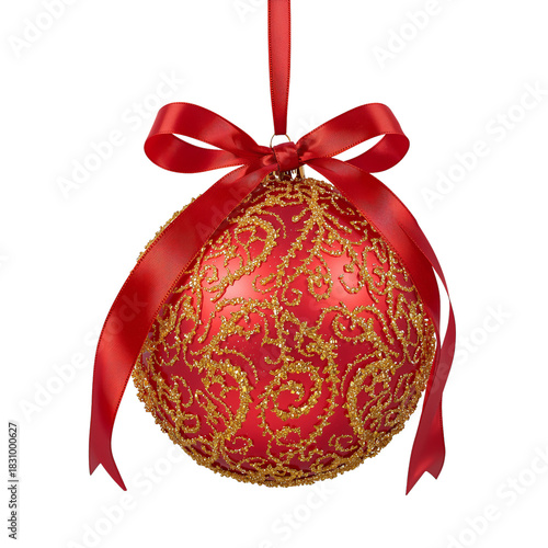 Beautiful Red Christmas Ornament With Gold Design and Ribbon Hanging on a Tre...