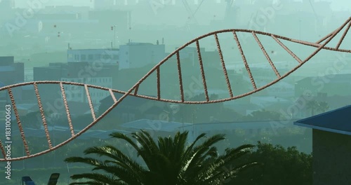 On play double-helix ribbon sweeping right and oscillating over hazy skyline to visualize motion