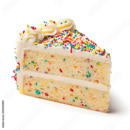 A slice of vanilla birthday cake with rainbow sprinkles, isolated on white background.