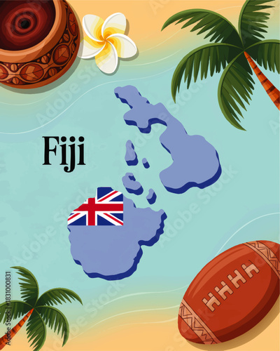 Fiji island map illustration with tropical beach, palm trees, kava bowl, frangipani flower and rugby ball travel background