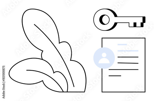 Key, personal document with profile icon, and leaves symbolizing privacy, access, growth, nature, identity, and eco-friendliness. Ideal for sustainability natural resources personal data security