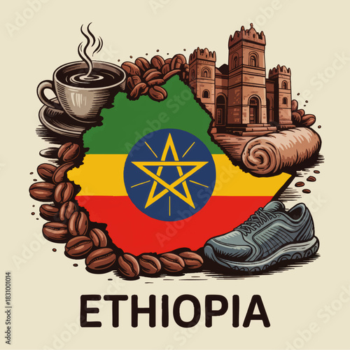 Ethiopia culture illustration with coffee beans, flag map, historic castle, running shoe and steaming cup on beige background