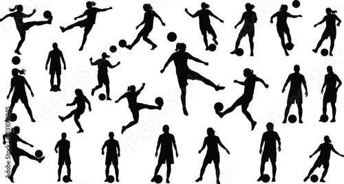 Large Black Silhouette Vector Set of Female Soccer Players Kicking, Dribbling, and Juggling the Ball, Ideal for Sport Promotions, Team Graphics, and Athletic Competition Design