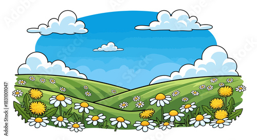 A Cartoon Meadow Landscape with Rolling Hills Dotted with Daisies and Dandelions under a Bright