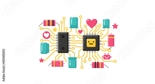 A charming computer chip circuit board featuring components and playful decorations