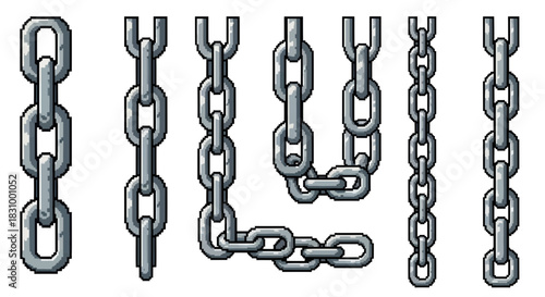 A Collection of Metallic Pixel Art Chains with Varying Styles and Arrangements