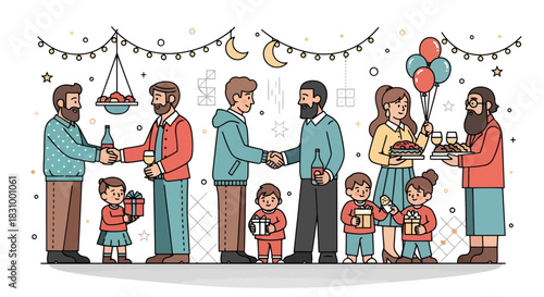 A cheerful gathering of families and friends exchanging gifts and warmth during a celebration