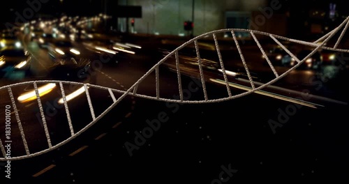 CGI helix entering left, moving to center, rotating and oscillating, creating contrast with lights