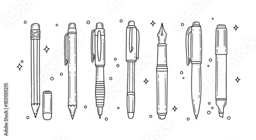 A neat collection of assorted pens and pencils in minimalist line art design