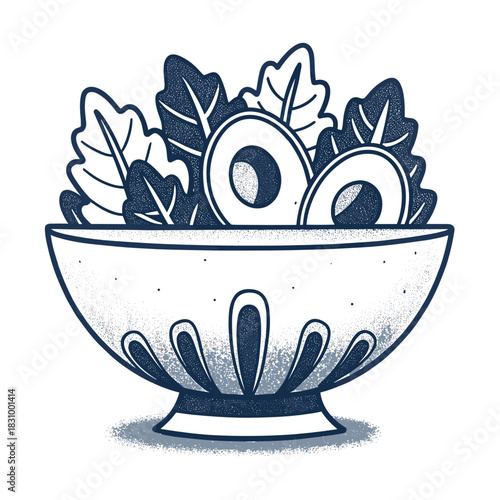 Salad bowl filled with avocado and leafy greens for healthy eating  